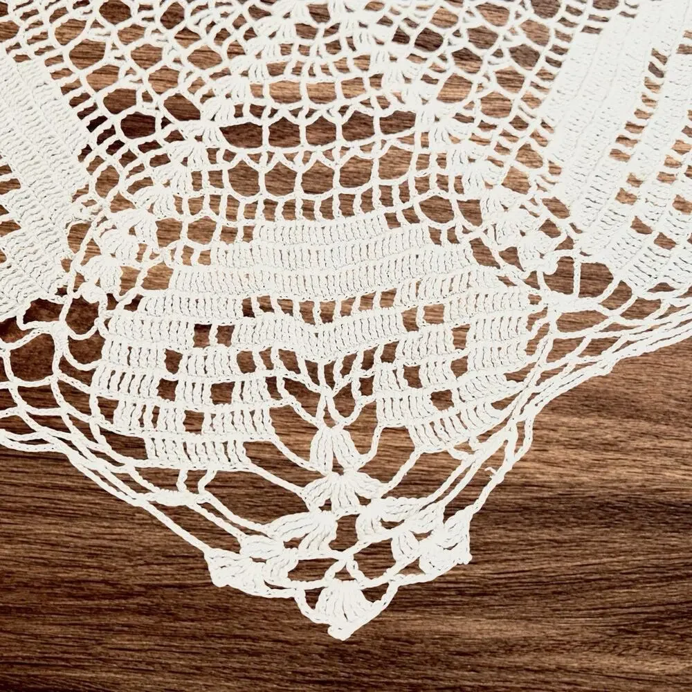 Hand Crocheted White Doily 13x15 Hexagon Centerpiece Table Mat Cottage Decor Vtg
